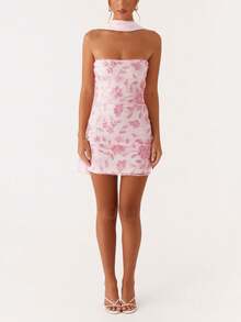 Women Sequin Sparkly Floral Tube Mini Dress With Scarf Y2k Sexy Pearl Embellished Bling Glitter Bodycon Dresses - 粉色 - 查看 3