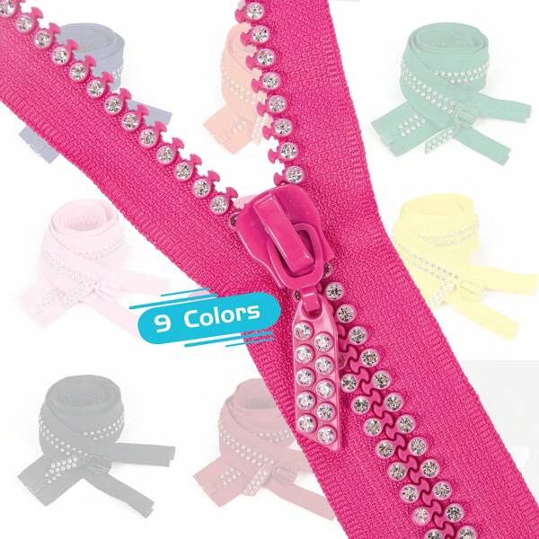1 pieza, #10 Cremallera de doble línea con rhinestones, 23.62 pulgadas/39.37 pulgadas, opciones de multicolor (negro, blanco, rojo, verde, amarillo, rosa, azul, etc.), cremallera de resina, adecuada para chaquetas, faldas y pantalones, cremallera de costura