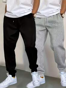 Pantalones deportivos de 2 piezas para hombre, para correr y actividades al aire libre, de unicolor y diseño simple, con cintura elástica y cordón, disponible en varios colores, aptos para todas las estaciones, adecuados como regalo para esposos, novios, jóvenes y amigos que les gusta hacer deporte y estar en forma.