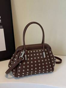 Retro Personalized Shell Bag, Women's New Rivet Punk Style Fashionable Motorcycle Shoulder Crossbody Bag, Women's Bag, New Punk Style Round Rivet Clip Mouth Shell Bag, Fashionable And Elegant Women's Handbag, Hand-Held Crossbody Bag - Multicolor - View 13