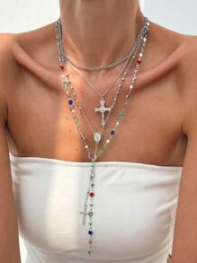 Set di 4 collane vintage in metallo dorato a forma di croce di Gesù a Y, set di collane con ciondolo in cristallo colorato, adatte per uso quotidiano e vacanze, regalo per amici (il colore e la quantità dei cristalli potrebbero variare rispetto all'articolo reale)