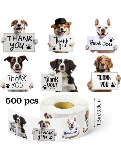 500pcs/Roll Cute Puppy Dog Thank You Stickers, 1.5 Inch Adhesive Labels For Supporting My Small Business, Envelopes Sealing, DIY Crafts, Pet Shops, Hospitals, Cards, Party Favors, PVC Stickers, Gifts
