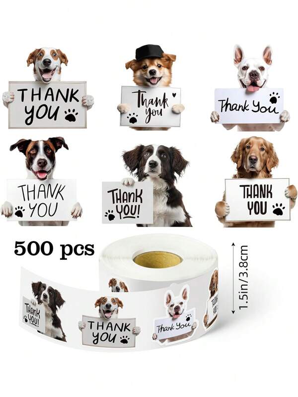 500pcs/Roll Cute Puppy Dog Thank You Stickers, 1.5 Inch Adhesive Labels For Supporting My Small Business, Envelopes Sealing, DIY Crafts, Pet Shops, Hospitals, Cards, Party Favors, PVC Stickers, Gifts