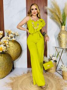 Palazzo o Jumpsuit /mono de tirantes asimétricos con escarolas  Liso  Elegante  Casual  Tela  Cinturón    Unitalla y curvy  Diario - Verde Lima - Ver 3