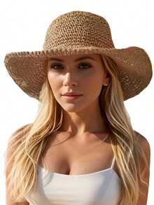 1 pieza Sombrero de paja plano tejido a mano, gorra casual ajustable con protección solar para exteriores, adecuada para primavera, otoño, viajes, vacaciones en la playa, estilo Y2K para gente joven