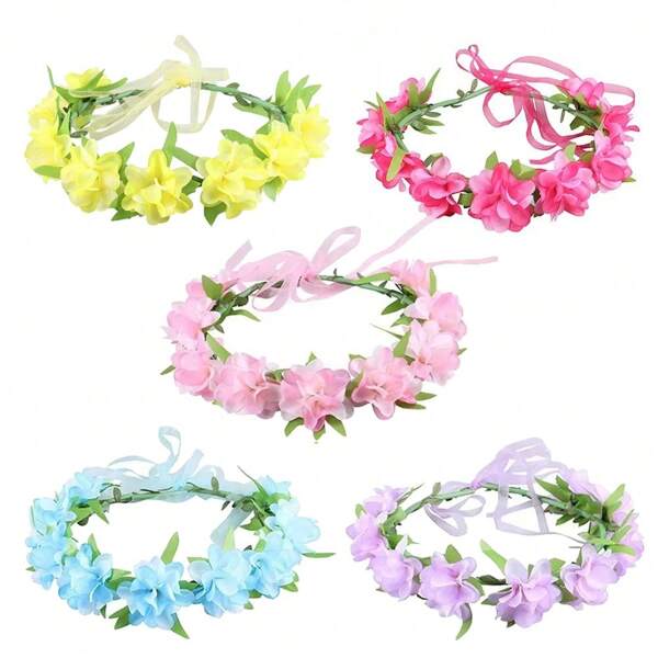 Artificial Flower Wreath With Ribbon Hairband Photography Props Beach Wedding Headbands Flowers Garland Wreath Hair Accessories