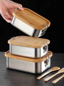 New 304 Stainless Steel Bamboo Lid Bento Lunch Box, Japanese Style Rectangular Outdoor Food Container, Airtight Wood Cover, Camping Cooking, Vintage Retro Picnic Lunch Box