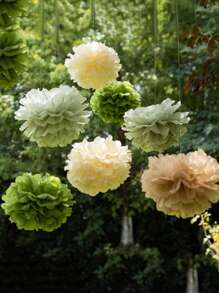 17pcs/16pcs Wedding Party Decor Paper Flower Balls, Khaki, Beige, Olive Green Paper Pom Poms, Birthday Party Background Decoration Balls, Suitable For Festivals, Anniversaries, Wedding, Valentine's Day Decorations Mother's Day Graduation