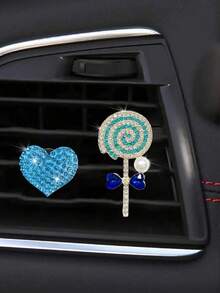 2pcs/Set Rhinestone Heart & Lollipop Shaped Car Air Vent Decoration Clips, No Fragrance - one-size - View 13