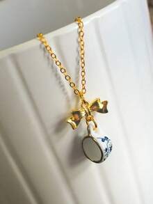 1pc Ceramic Butterfly & Floral Print Pendant Necklace, Vintage Style Gold Plated, Suitable For Women Everyday, Party, Anniversary Wear, Jewelry Gift - Vàng - Xem 4