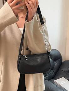 1pc Black PU Leather Lychee Grain Shoulder Bag For Women, Classic Fashion Versatile Personalized Suitable For Work, Shopping, Vacation, Commuter Bag, Holiday Gift - Black - View 3