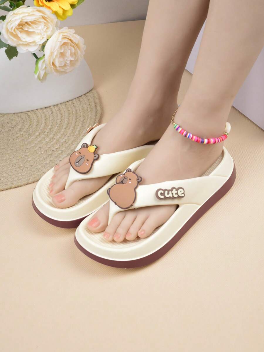 女士时尚双色人字拖，舒适 EVA 材质，可爱水豚图案一脚蹬凉鞋，休闲家居和休闲装 - 米棕 - 查看 1