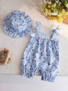 Conjunto de 2 peças para recém-nascidas: macacão estiloso e fofo com estampa floral + chapéu, ideal para o verão. - Baby Azul - Ver 2