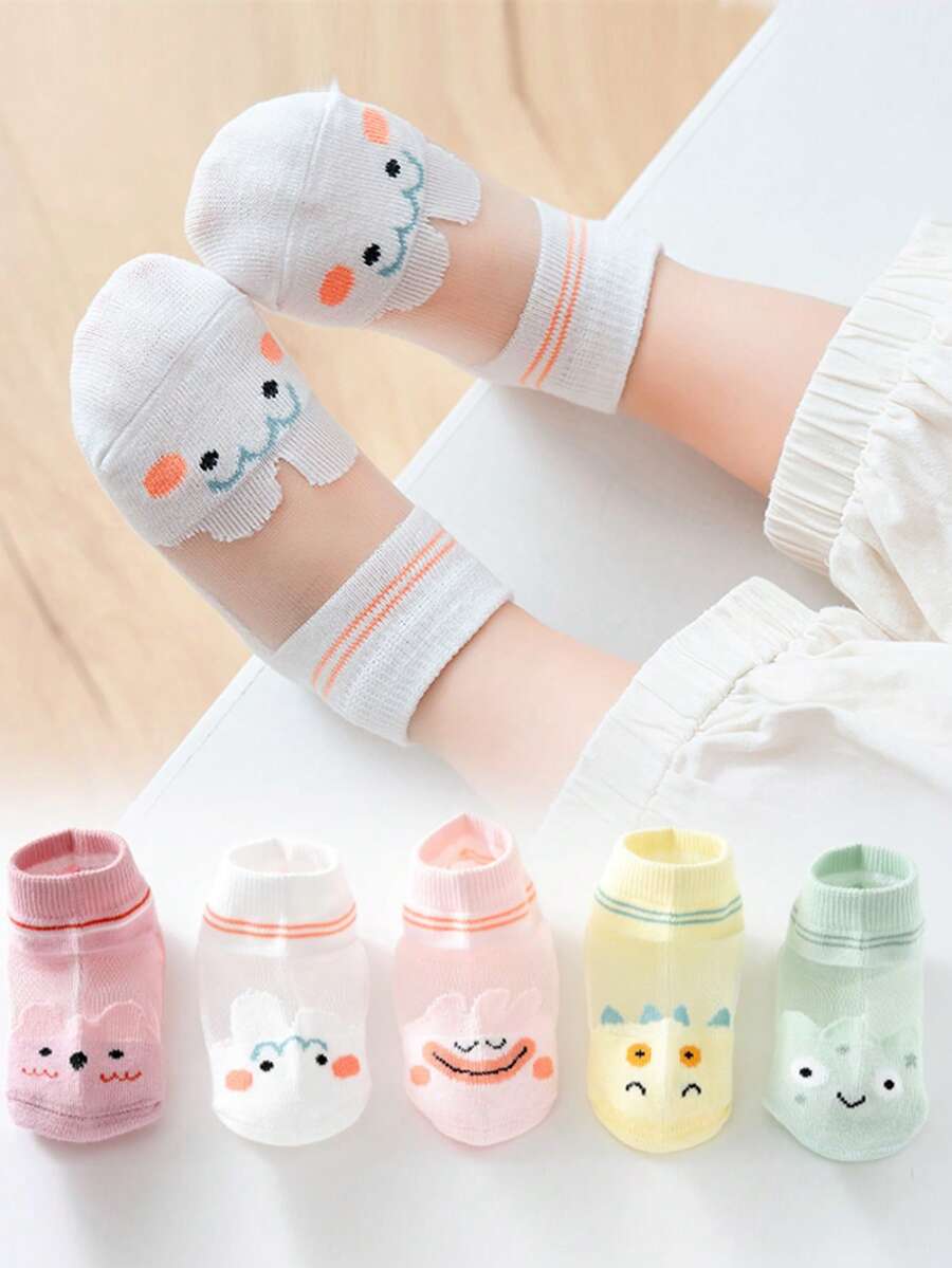 5 Pairs Cartoon Animal Theme Pattern Mesh Kids Short Socks, Lightweight Summer - Multicolor - View 1