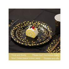 Round Disposable Paper Plates For All Occasions - 100 Pack - 50 X 9" And 50 X 7" Dinner Plates, Golden Foil Polka Dots , White And Gold Party Supplies - 黑色/金色 - 查看 6