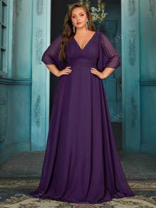 QOQ Elegant Girls Plus Size Bridesmaid Dresses Spring Summer Formal Dress For Wedding Guest, Bridesmaid, Weddings, Dinner, Engagement Party Solid Color Chiffon V-Neck Flounce Sleeve Gown