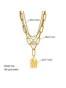 1pc Multilayered Metallic Chunky Chain Necklace With Faux Pearls, Geometric Cubes, And Figure Pendant