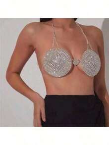 1pc Women's Fashion European American Sexy Round Chest Chain, Crystal Shiny Bikini Body Chain, Metal Body Jewelry Accessories - Silver - View 8