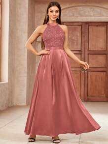 MIUSOL 亮片花卉蕾丝露背领撞色缎面褶皱下摆晚会长裙，优雅女士连衣裙，正式晚礼服，舞会礼服，适合婚礼嘉宾、毕业典礼、晚宴 - 藕粉色 - 查看 4