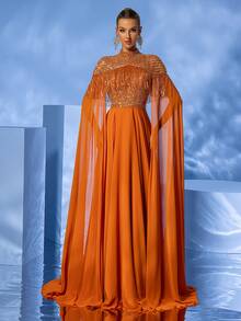 DELLA COUTURE 橙色流苏装饰飘逸长款晚礼服，及地长袖，优雅正式女士礼服，适合派对、舞会和其他正式场合。 - 橘色 - 查看 1