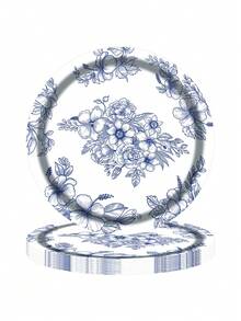 Juego de 100 piezas de vajilla desechable de porcelana azul y blanca, incluye platos, servilletas y vasos de papel para picnic primaveral, boda, fiesta, para 25 personas