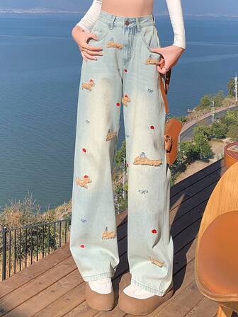 女士休闲甜美可爱小狗刺绣设计侧袋水洗宽松牛仔裤