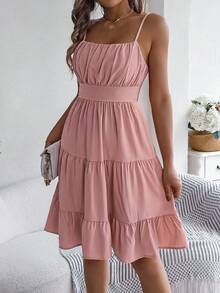 Casual Ruffle Strap Cake Mini Dress, Sexy Vacation, Spring/Summer - Pink - View 1