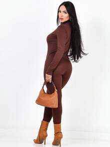 Macacão Elegante Feminino Manga Longa Anarruga Virginia Moda Gringa Blogueira Com Zíper Frontal [Cinto não Incluso] - Marrom - Visão 5