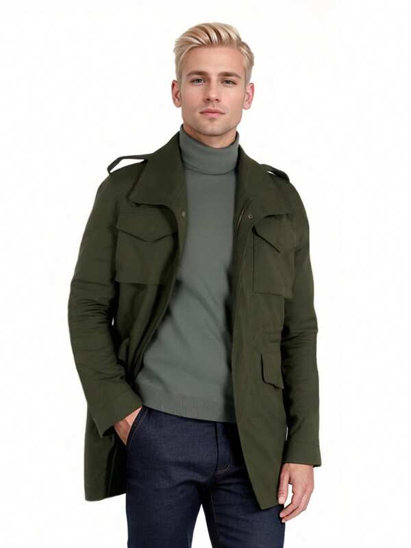 Men's Vintage Casual Trench Coat With Multiple Pockets, Spring & Autumn
