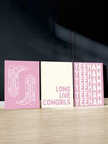 Set Of 3 Boots Wall Art, Cowgirl Wall Art, Western Art Prints, Yeehaw Canvas Print, Pink Canvas Artwork, Typography Poster, Paintings, Decorative Artwork, Painting, Home Decor, Room Aesthetic, Posters, Gift For Friends ,Wall Art With Frame - 3Pcs/Set - View 2