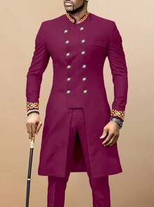 مجموعة بقطعتين لملابس الرجال: بليزر أسود ذو صدر مزدوج بطول كامل مع بنطال، مطرز بالذهبي، أكمام طويلة،ياقة عالية، بنطال ذو خصر مرن، ملابس أفريقية، قميص وبنطال كاجوال مجموعة قطعتين، جديد الموسم، مناسب للحفلات والمناسبات الرسمية والحفلات الزفاف والفعاليات الثقافية والمراسم التقليدية