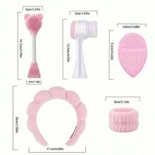 6pcs/Set Pink Face Cleansing Tool Kit, Include Headband, Waterproof Wristband, Face Cleansing Brushes, Makeup Remover