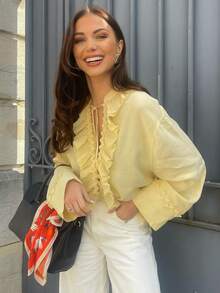 MUMRAP Women Fashion Solid V Neck Ruffles Shirts Summer Lace Up Loose Long Sleeve Blouse - Màu vàng - Xem 2
