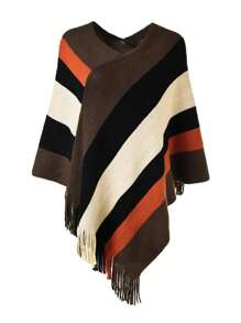1pc Women's Fashionable Multi-Color Plaid & Tassel Knitted Shawl, Popular European And American Style