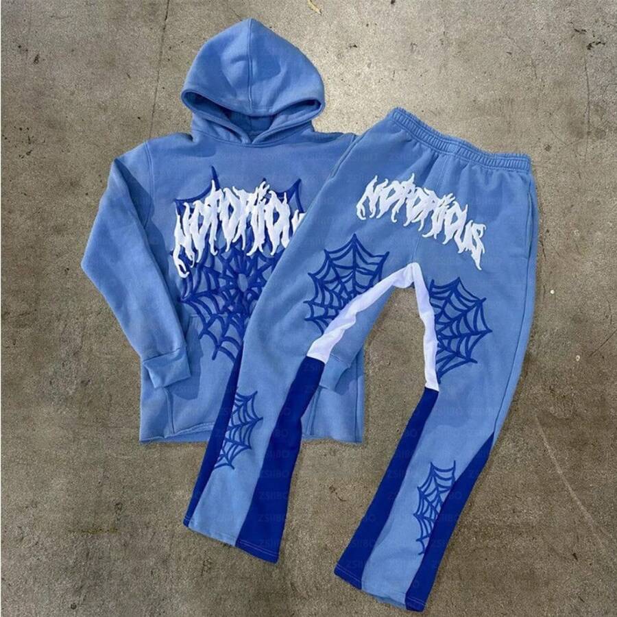 Spider Web Print Sweater Hoodie Men's And Women's Sweater Trousers - Blue - View 1