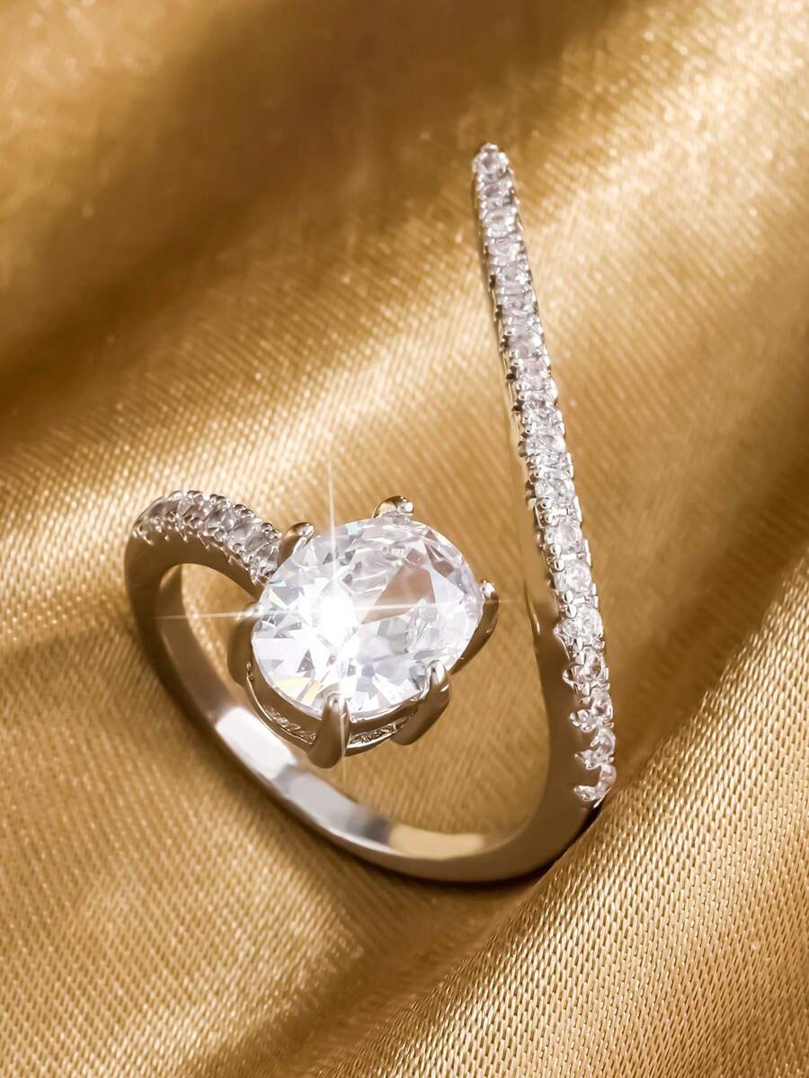 rakol 1pc Elegant Octagon Inlaid Copper Open Ring, Suitable For Women Wedding - Silver - View 1