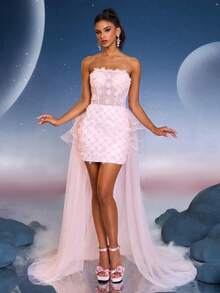 Anymoon Pink 3D Handmade Floral Decor Mermaid Tail Dress With Train, Suitable For Music Festivals, Graduations, Homecomings, Parties, Cocktail Events, Party Dress - Pink - View 5