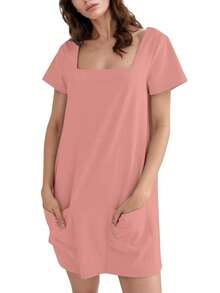 Women's Solid Color Casual Pocket Dress - Pink - View 3
