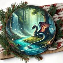 1 pieza Arte de pared circular Dragón del bosque mágico, 20x20cm, estilo vintage europeo, decoración de habitación temática de fantasía, restaurante, bar, cafetería, garaje, casa de campo, con ubicaciones aleatorias de los orificios de montaje