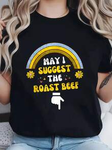 Funny 'I Can Recommend Roast Beef' Graphic T-Shirt - Men's And Women's Sarcastic Humor T-Shirt, Casual Crew Neck, Short Sleeve, Machine Washable, Black Colorful Print - 黑色 - 查看 1