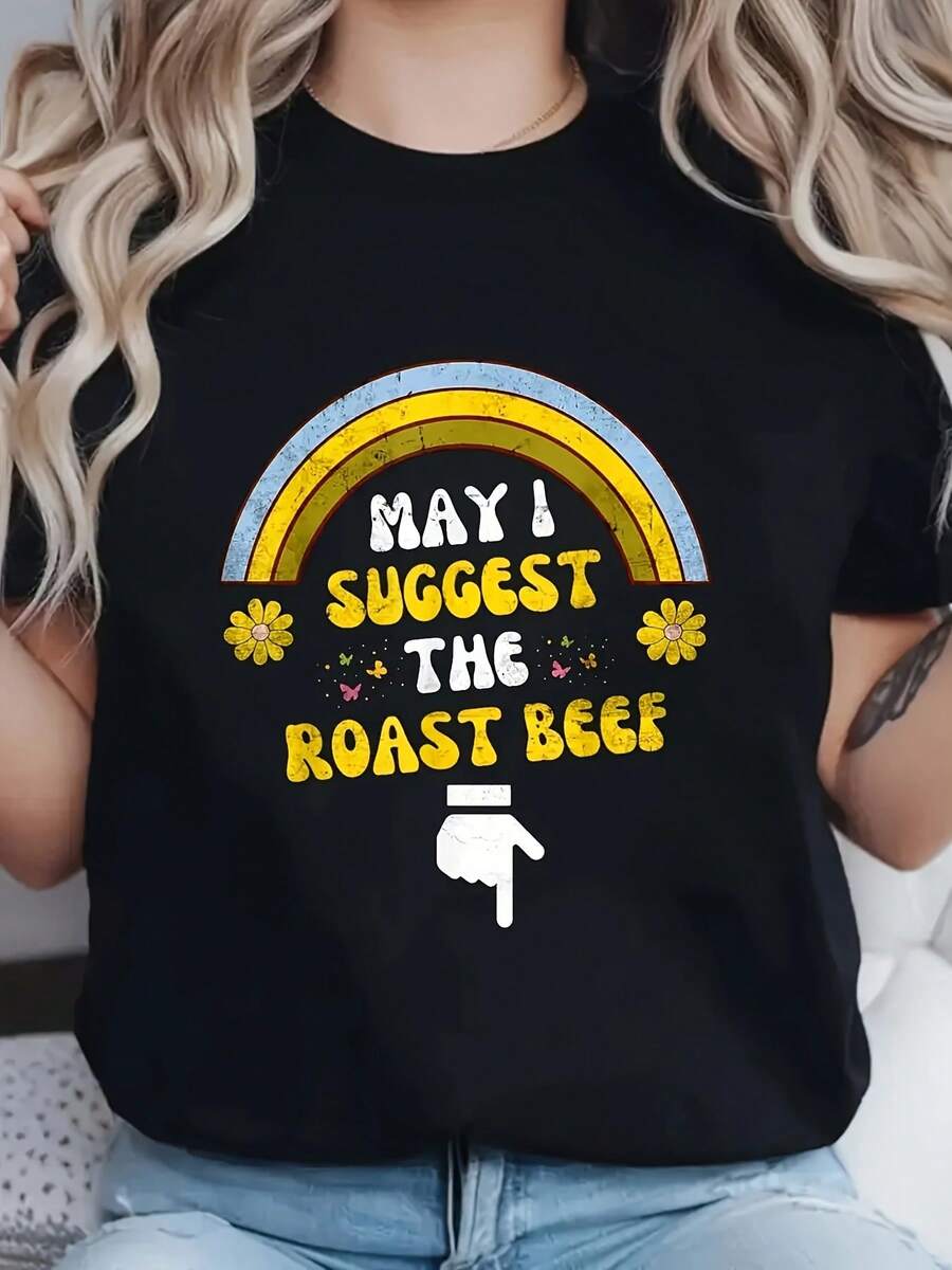 Funny 'I Can Recommend Roast Beef' Graphic T-Shirt - Men's And Women's Sarcastic Humor T-Shirt, Casual Crew Neck, Short Sleeve, Machine Washable, Black Colorful Print - 黑色 - 查看 1