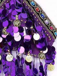 Women Glitter Sequins Circle Tassels Halter Neck Padded Belly Dance Crop Top - Multicolor - View 11