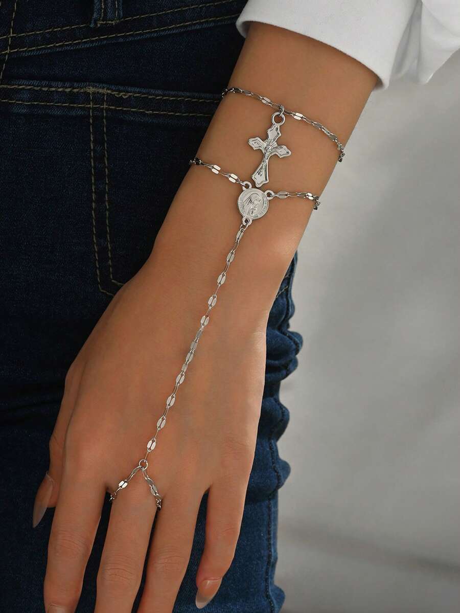 2pcs/Set Fashionable Adjustable Religious Cross Pendant Bracelet With Virgin Mary Decor, Classic & Minimalist Jewelry For Women Daily Wear - Multicolor - View 1