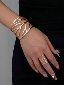 2pcs/Set Metallic Geometric Leaf Bangle And Ring Set, Suitable For Women's Daily Wear - Yellow Gold - View 7