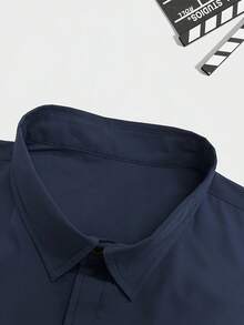 Men's Casual Fashion Solid Color Contrast Tape Design Shirt, Simple And Versatile Style Suitable For Outgoing, Commuting And Daily Wear, Essential Men's Shirt - Navy Blue - View 4