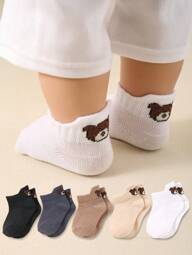 5 - Pack Baby Autumn And Winter Short Socks With Heel - Raising Feature And Charming Bear Prints For 0 - 3Y
