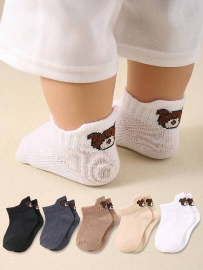 5 حزمة جوارب قصيرة للأطفال في فصلي الخريف والشتاء - مع ميزة رفع الكعب والطباعة الجذابة للدببة للأعمار من 0 إلى 3 سنوات