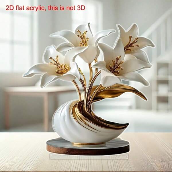 2D Flat Acrylic Vase With Gold Lilies - Elegant White And Gold Decorative Sculptures Suitable For Home, Office Or Special Occasions | Perfect For Easter, St. Patrick's Day, Etc. | Desktop Display, Office Decoration | Elegant Vase Design | Exquisite Craftsmanship, Floral Decoration