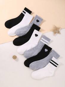 9 pares de calcetines cortos para niños y niñas de color negro, blanco y gris con barras dobles, corazón y unicolor, adecuados para el atuendo diario en cualquier época del año