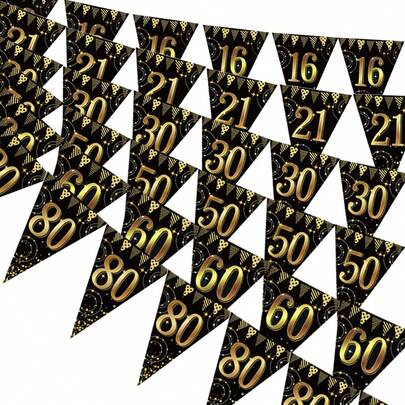 12pcs/Set Black & Gold Themed Birthday Party Decorations - 16th, 18th, 21st, 30th, 40th, 50th, 60th, 70th, 80th Birthday Hanging Flag Banners